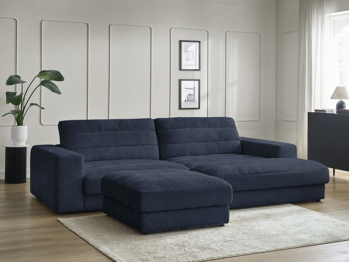 Canapé d'angle fixe SIERRA tissu texturé avec pouf