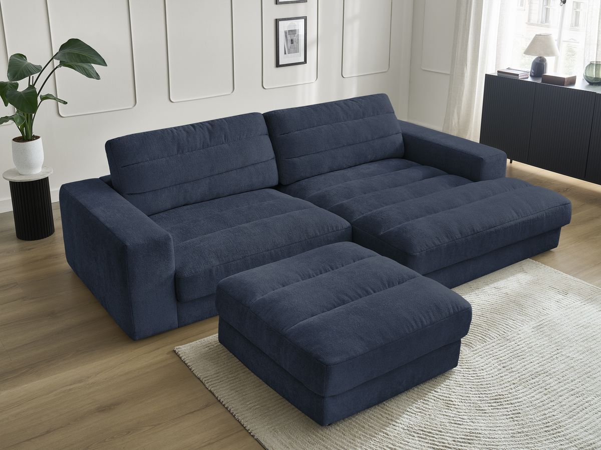 Canapé d'angle fixe SIERRA tissu texturé avec pouf