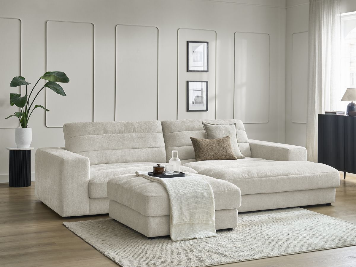 Canapé d'angle fixe SIERRA tissu texturé avec pouf