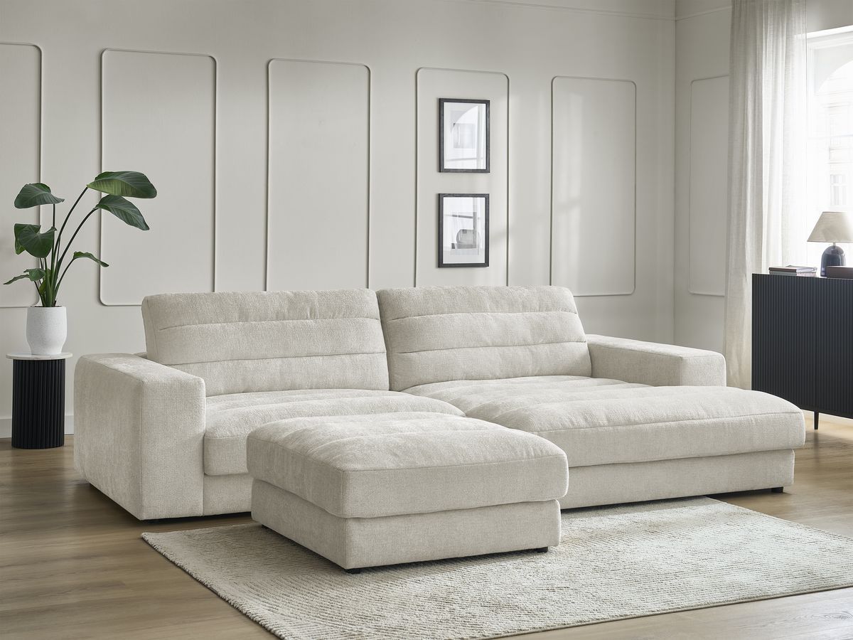 Canapé d'angle fixe SIERRA tissu texturé avec pouf