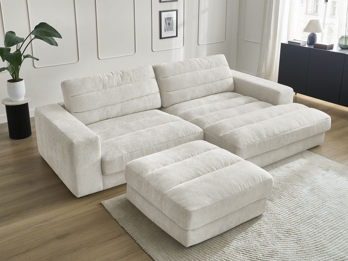 Canapé d'angle fixe SIERRA tissu texturé avec pouf