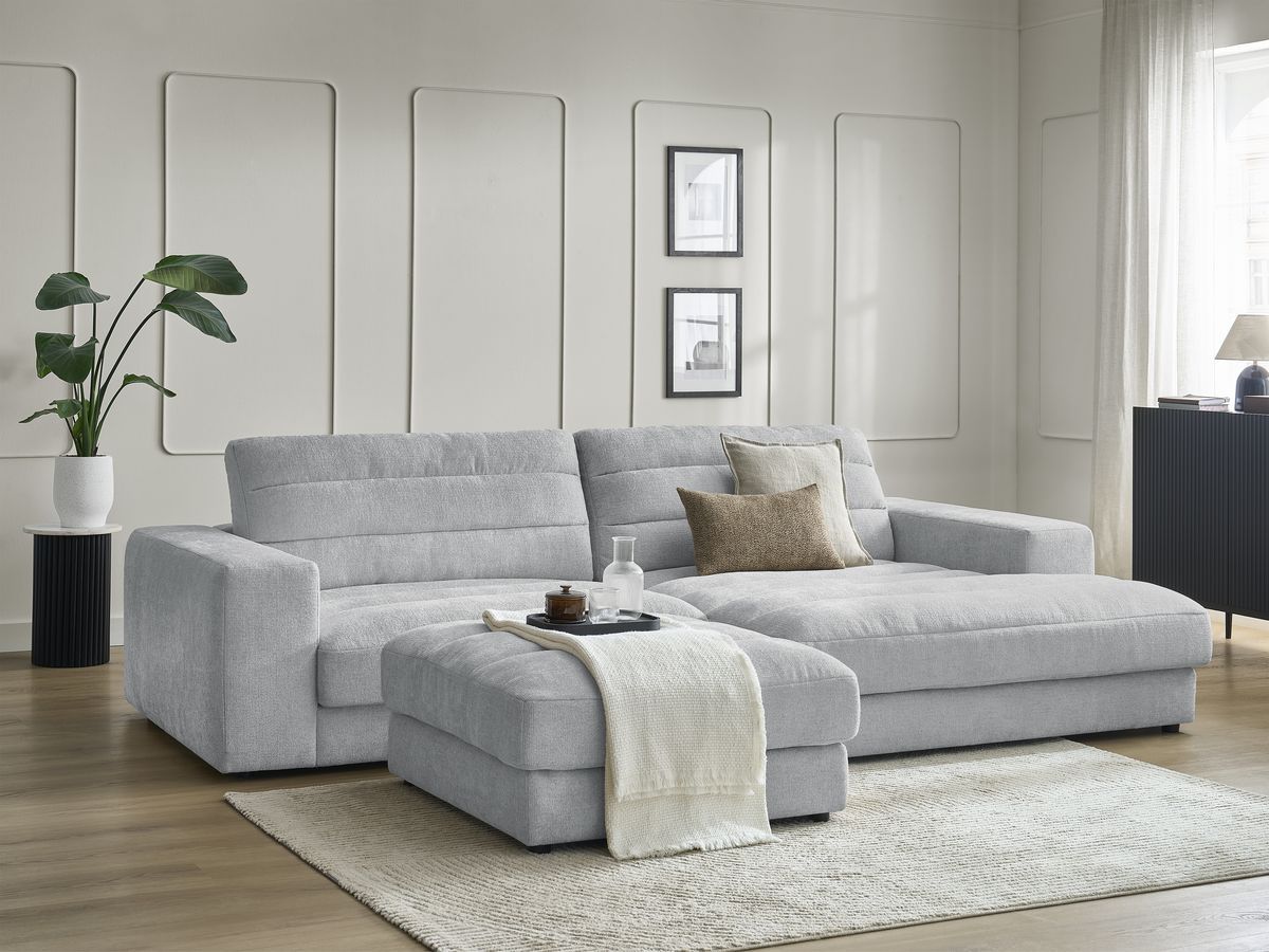 Canapé d'angle fixe SIERRA tissu texturé avec pouf