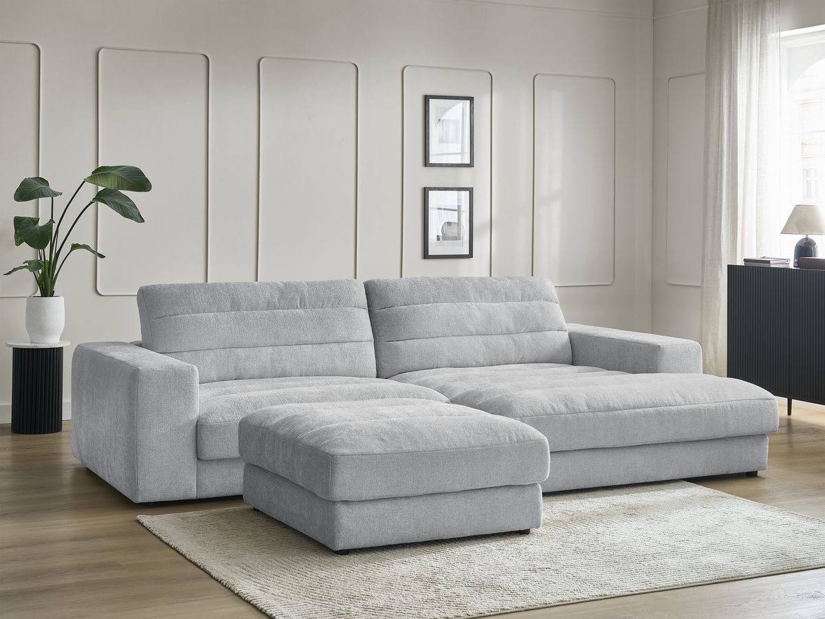 Canapé d'angle fixe SIERRA tissu texturé avec pouf