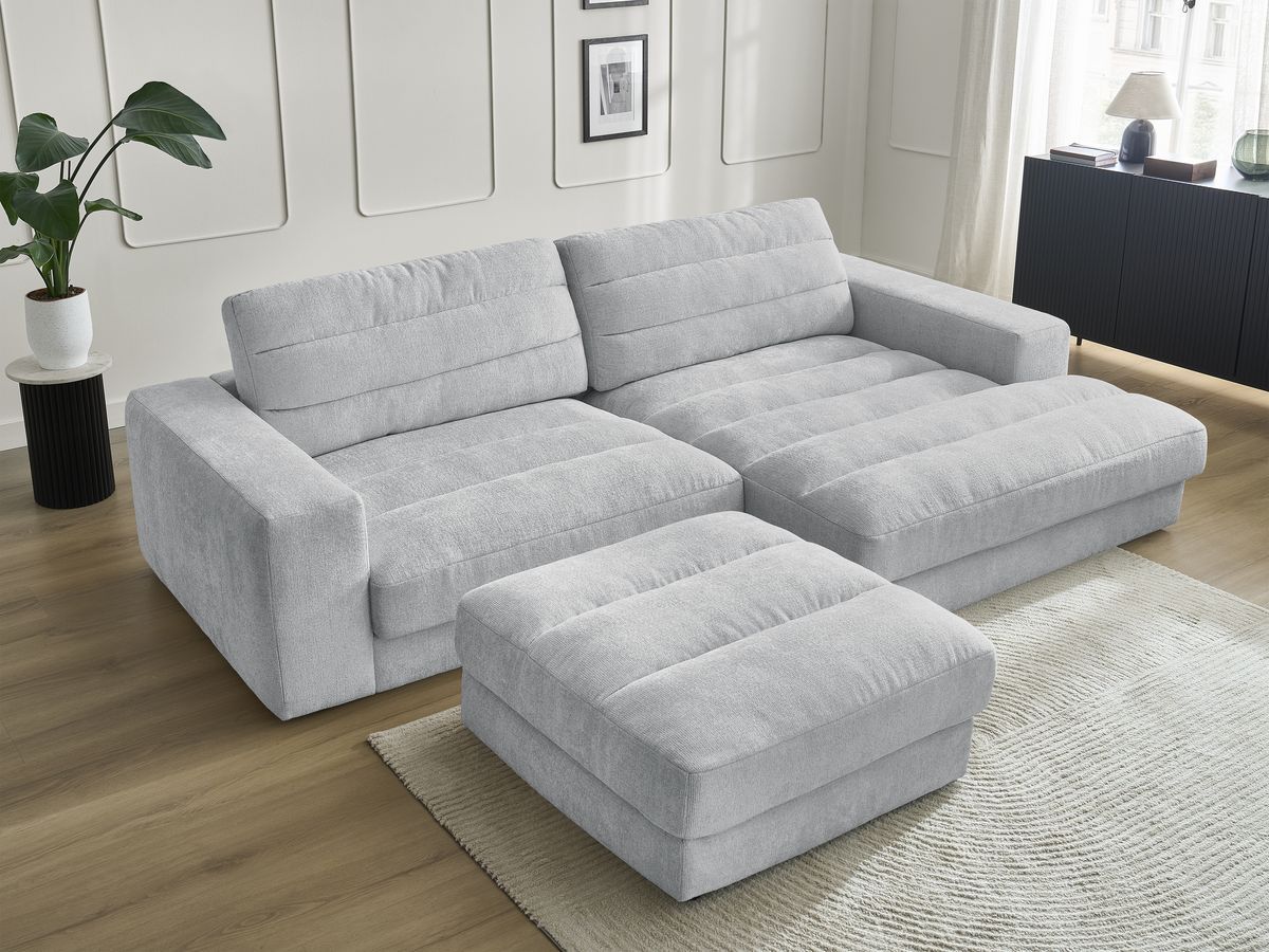 Canapé d'angle fixe SIERRA tissu texturé avec pouf