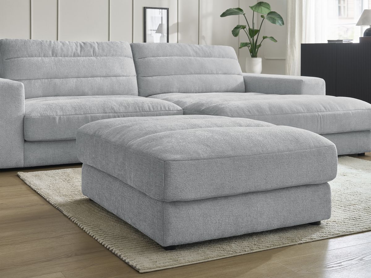 Canapé d'angle fixe SIERRA tissu texturé avec pouf