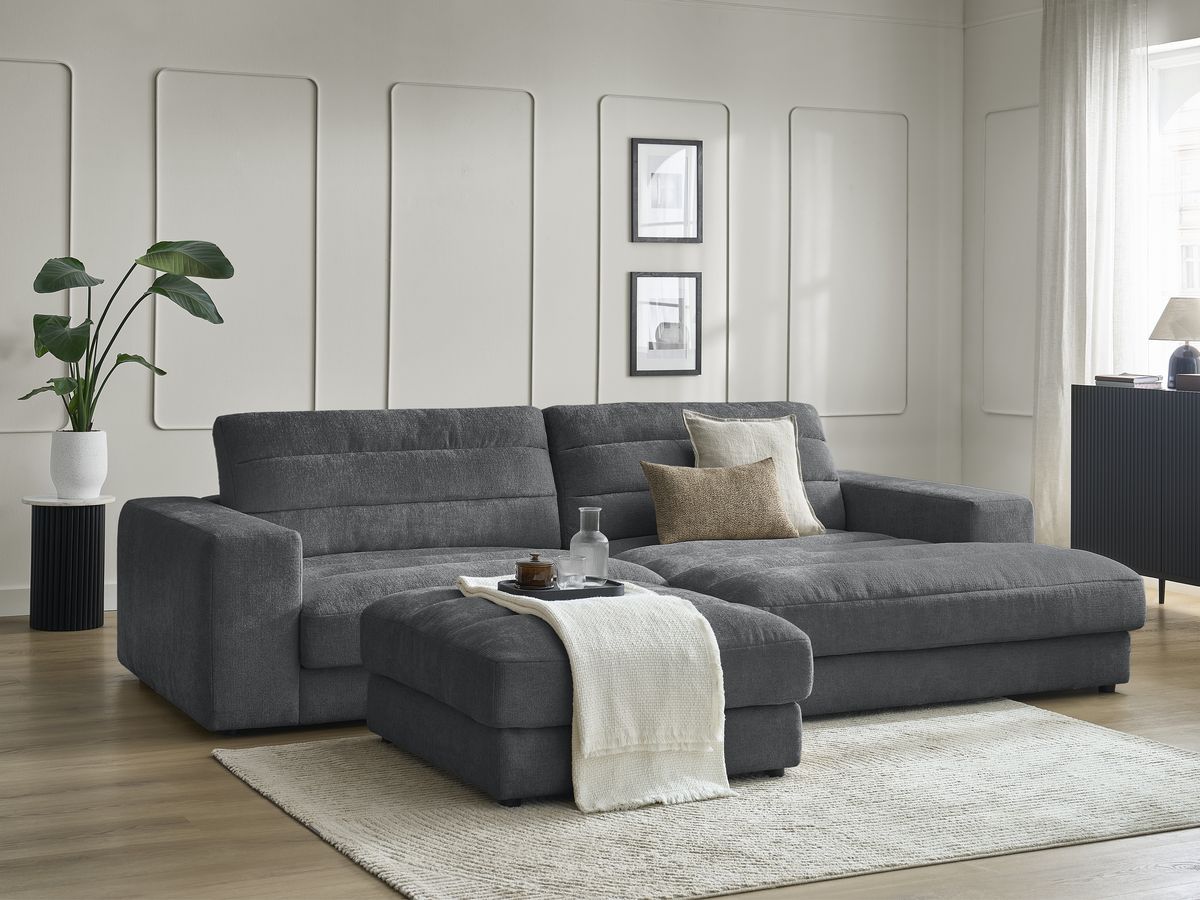 Canapé d'angle fixe SIERRA tissu texturé avec pouf