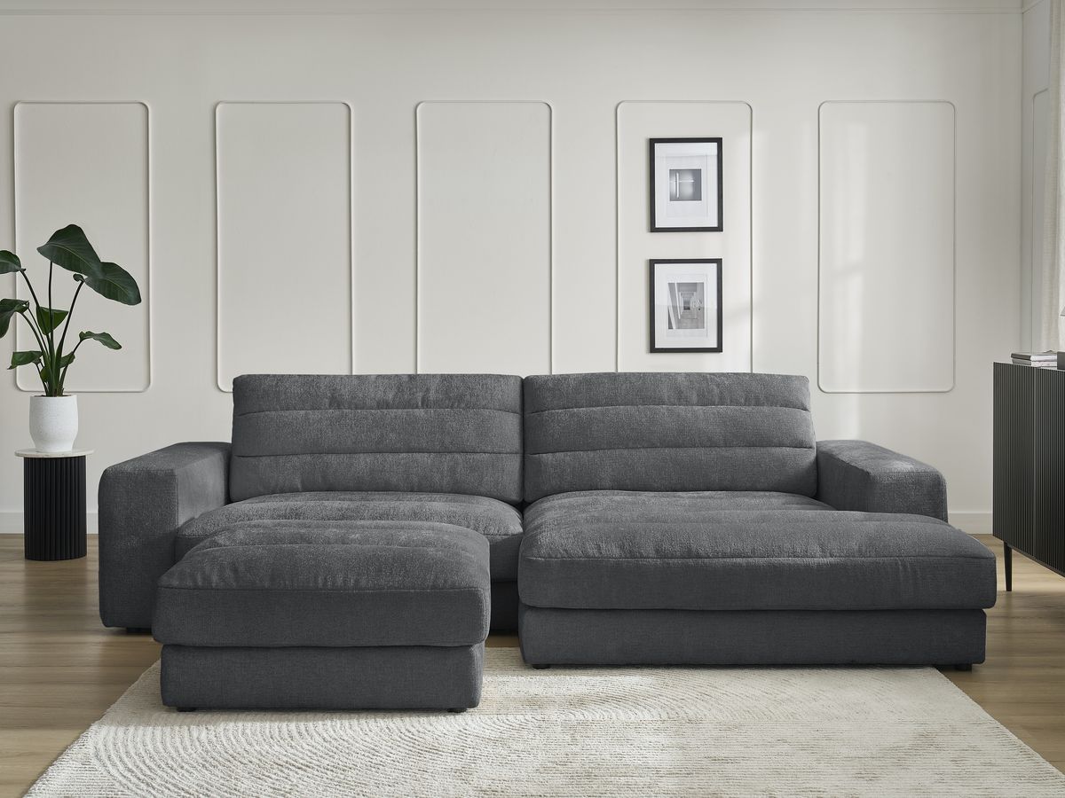 Canapé d'angle fixe SIERRA tissu texturé avec pouf gris foncé angle droit BOBOCHIC 4 places - Vue supplémentaire 3