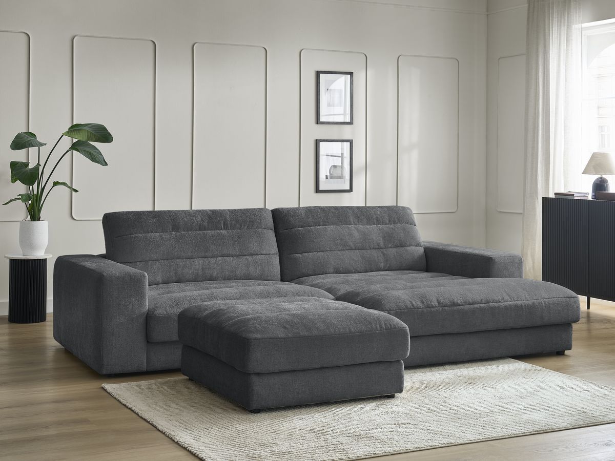 Canapé d'angle fixe SIERRA tissu texturé avec pouf