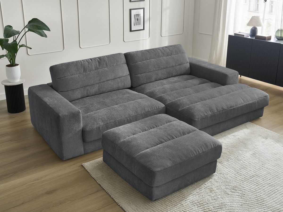 Canapé d'angle fixe SIERRA tissu texturé avec pouf