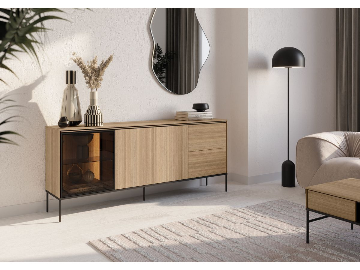 Buffet 3 portes 2 tiroirs 200 cm VERONA effet chêne et verre fumé avec LEDS