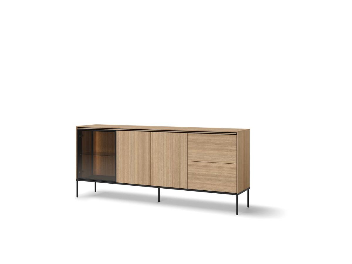 Buffet 3 portes 2 tiroirs 200 cm VERONA effet chêne et verre fumé avec LEDS