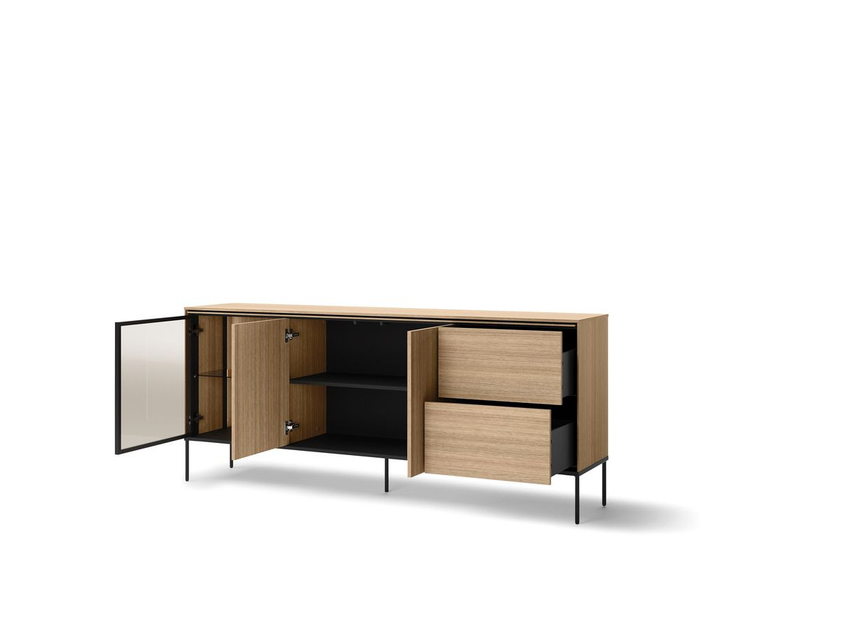 Buffet 3 portes 2 tiroirs 200 cm VERONA effet chêne et verre fumé avec LEDS