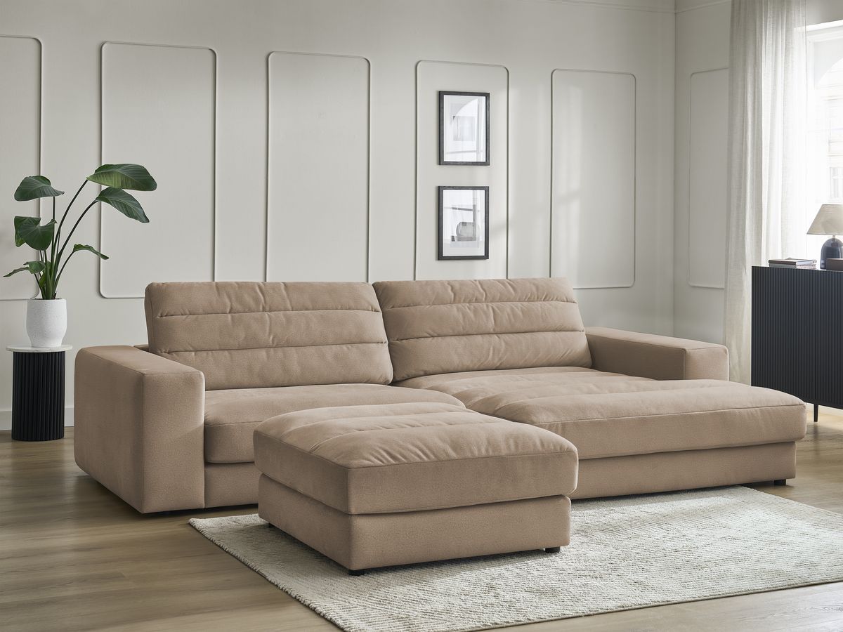 Canapé d'angle fixe SIERRA velours avec pouf