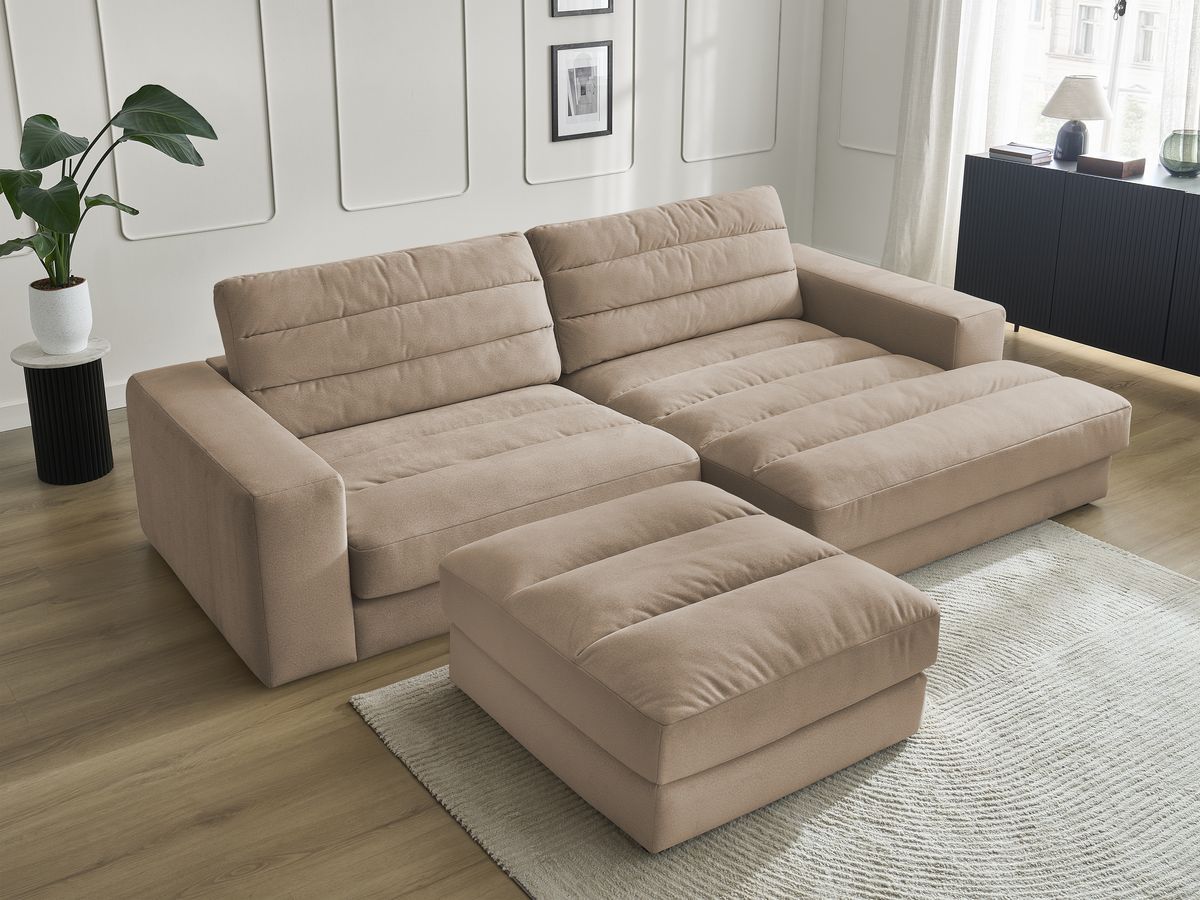 Canapé d'angle fixe SIERRA velours avec pouf