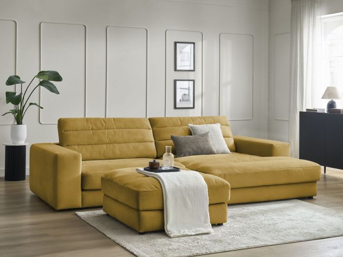 Canapé d'angle fixe SIERRA tissu velours avec pouf