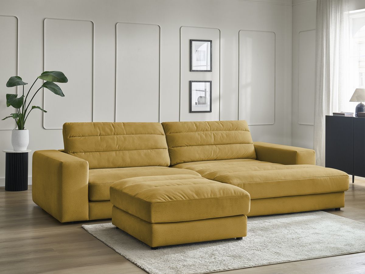 Canapé d'angle fixe SIERRA velours avec pouf