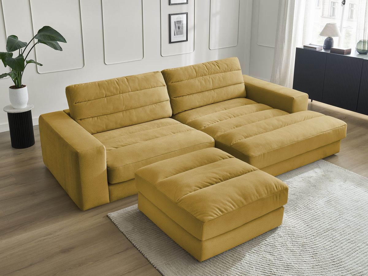 Canapé d'angle fixe SIERRA velours avec pouf