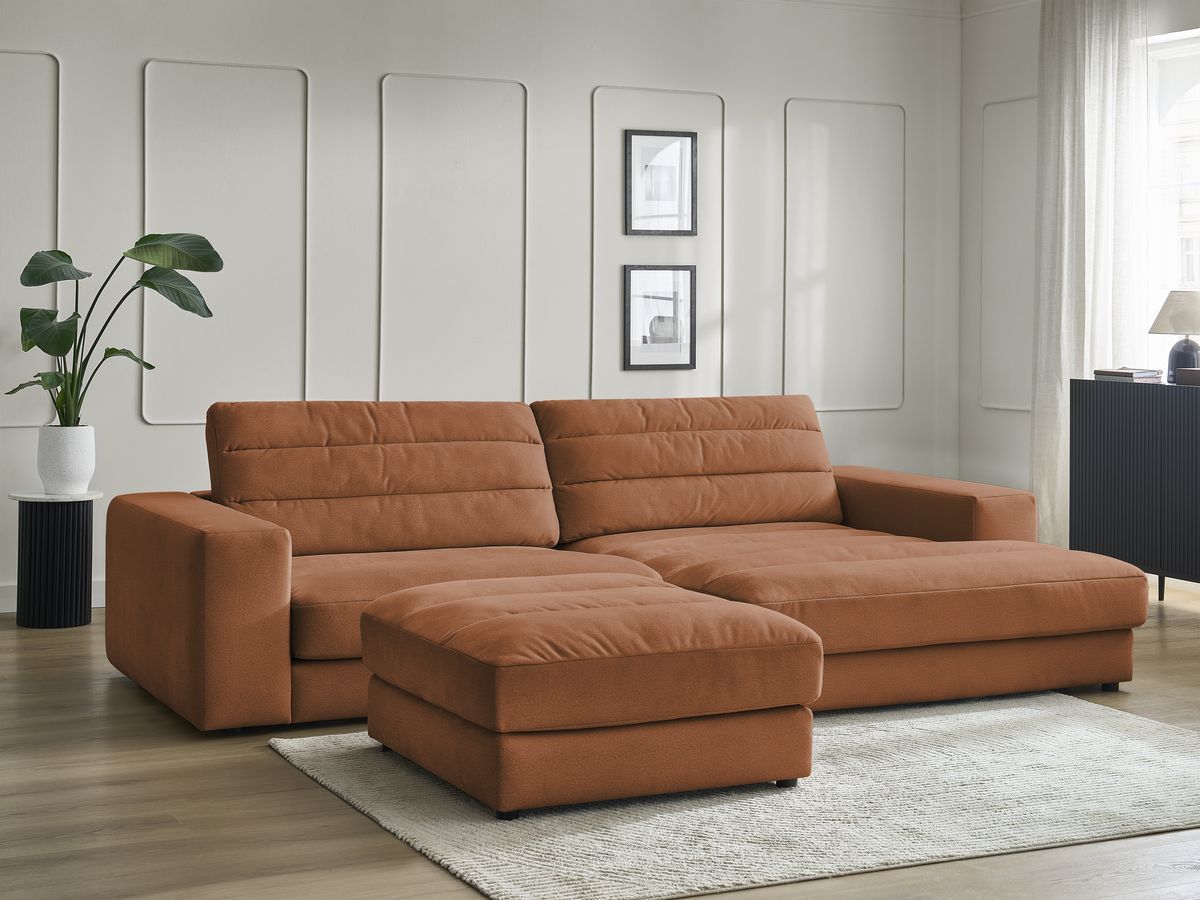 Canapé d'angle fixe SIERRA velours avec pouf