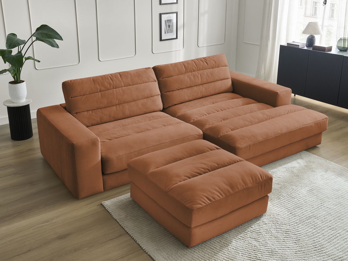Canapé d'angle fixe SIERRA velours avec pouf