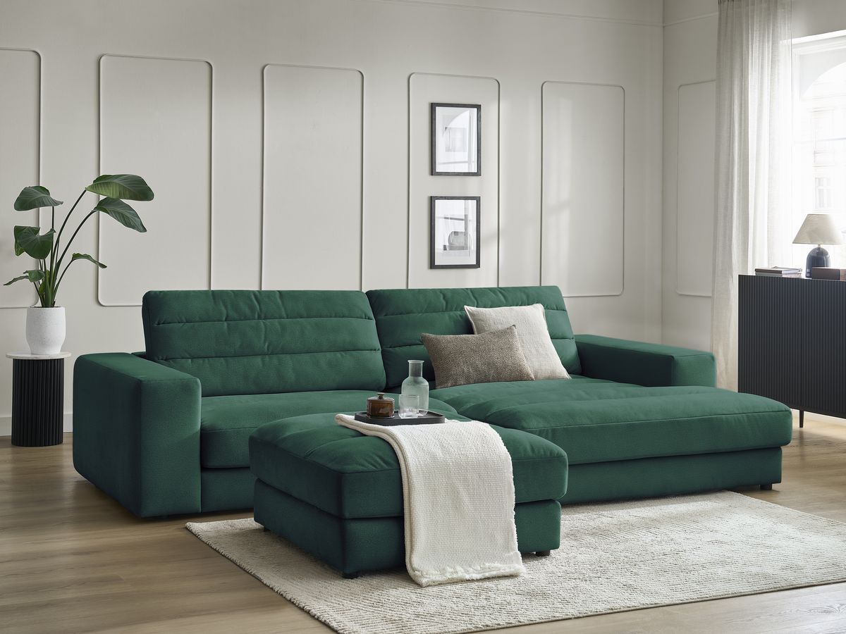 Canapé d'angle fixe SIERRA velours avec pouf