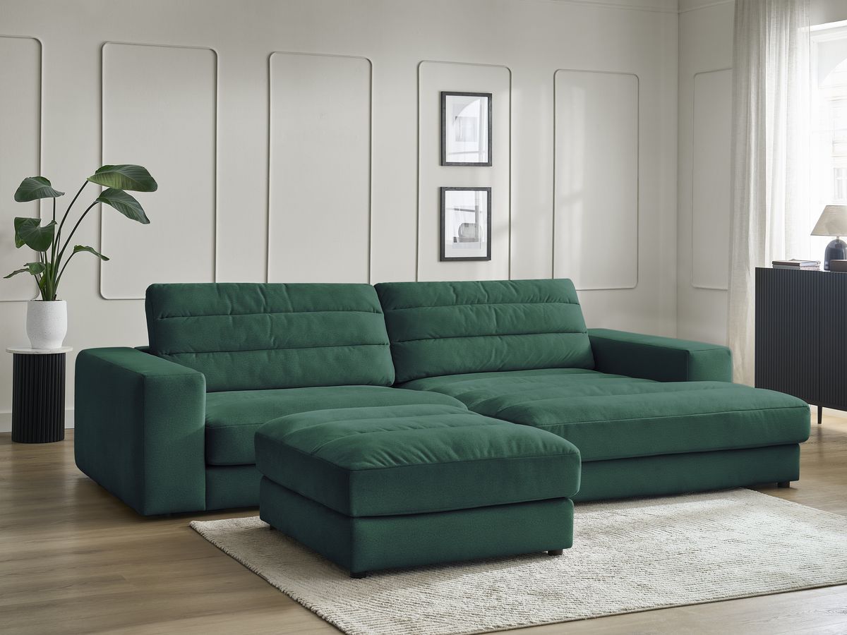 Canapé d'angle fixe SIERRA velours avec pouf