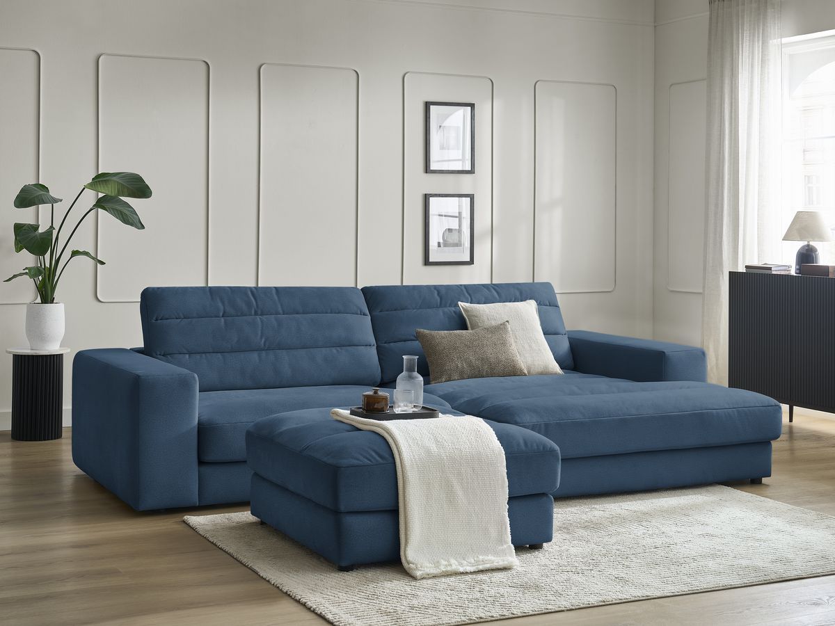 Canapé d'angle fixe SIERRA velours avec pouf