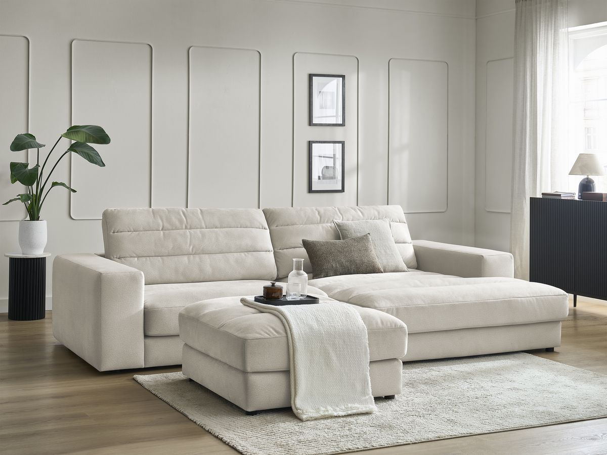 Canapé d'angle fixe SIERRA velours avec pouf