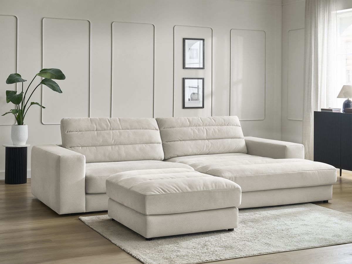Canapé d'angle fixe SIERRA velours avec pouf