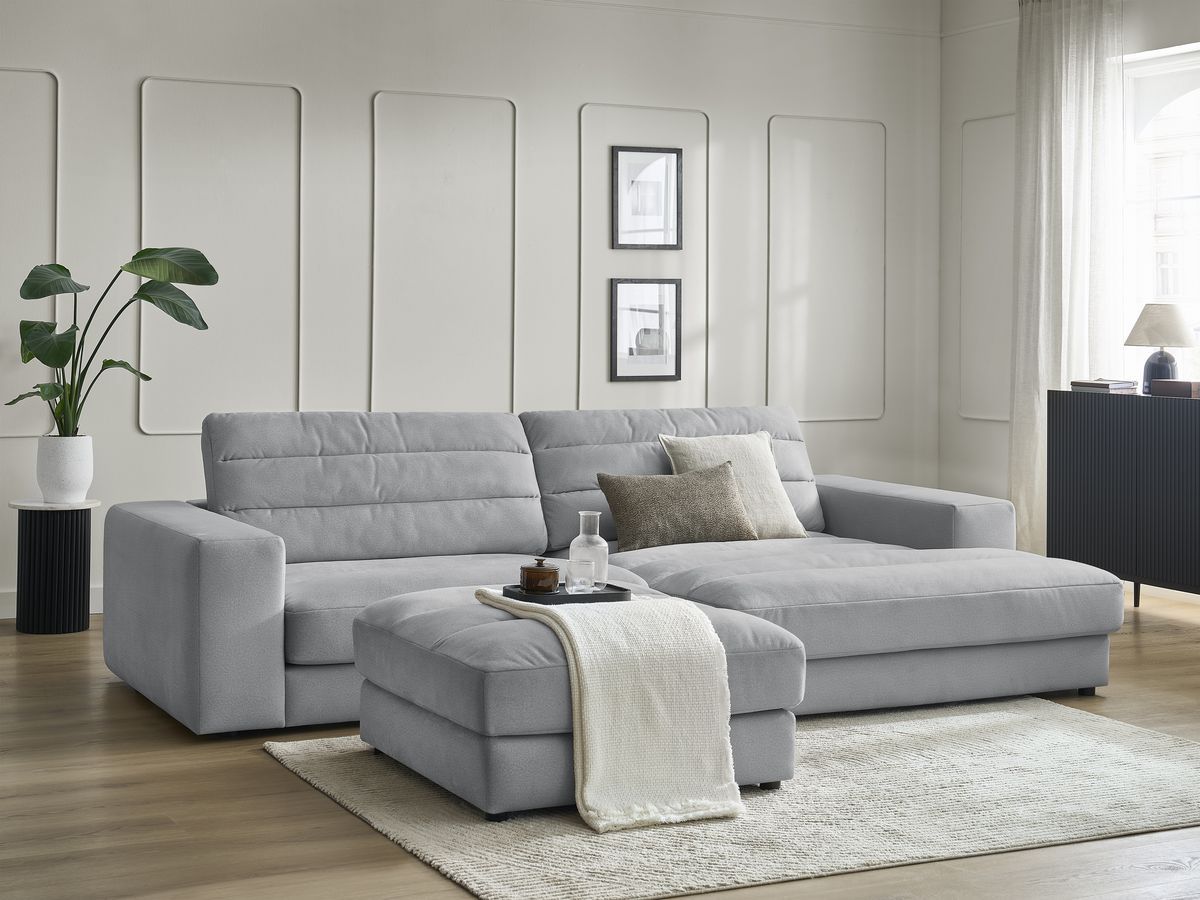 Canapé d'angle fixe SIERRA velours avec pouf