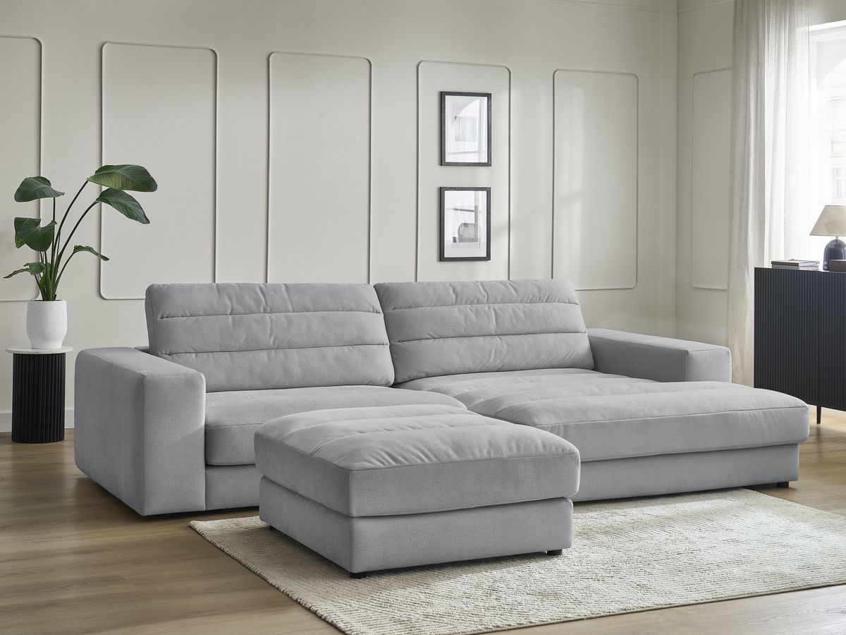 Canapé d'angle fixe SIERRA velours avec pouf