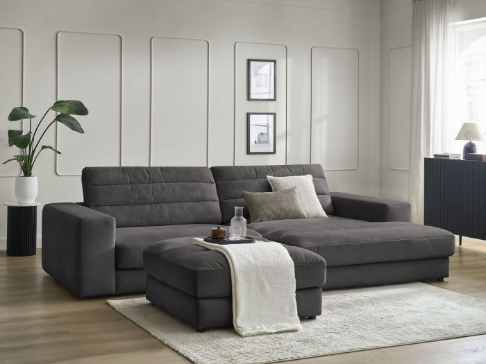 Canapé d'angle fixe SIERRA tissu velours avec pouf