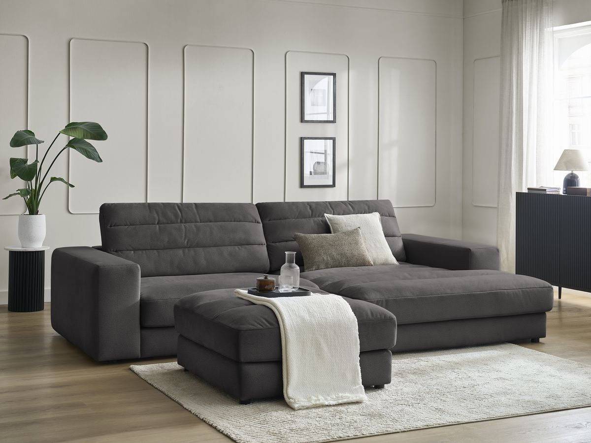 Canapé d'angle fixe SIERRA velours avec pouf
