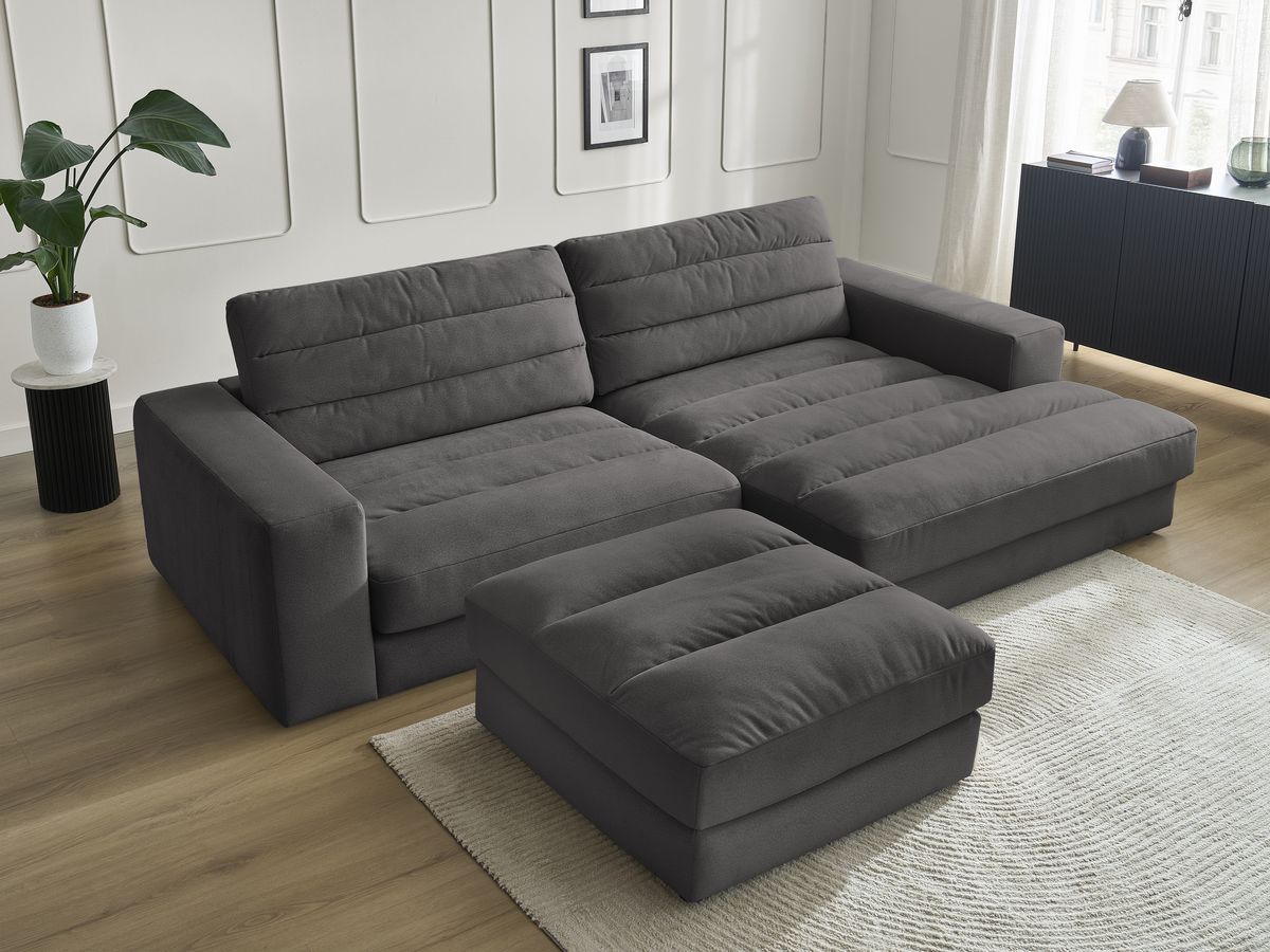 Canapé d'angle fixe SIERRA velours avec pouf