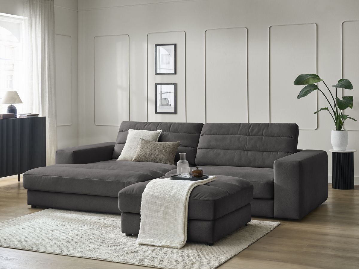 Canapé d'angle fixe SIERRA velours avec pouf