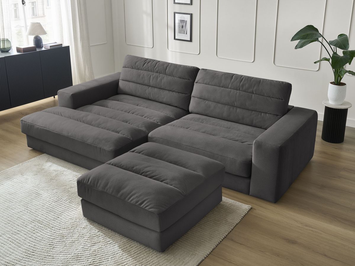Canapé d'angle fixe SIERRA velours avec pouf