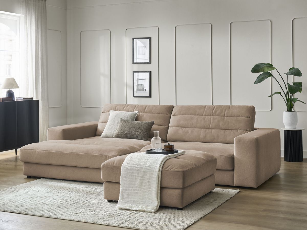 Canapé d'angle fixe SIERRA velours avec pouf