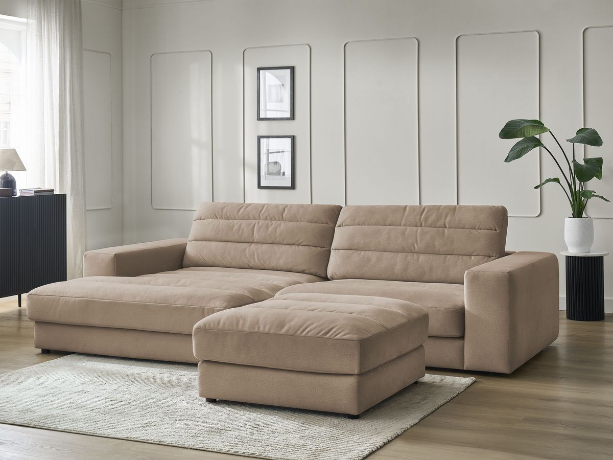 Canapé d'angle fixe SIERRA velours avec pouf