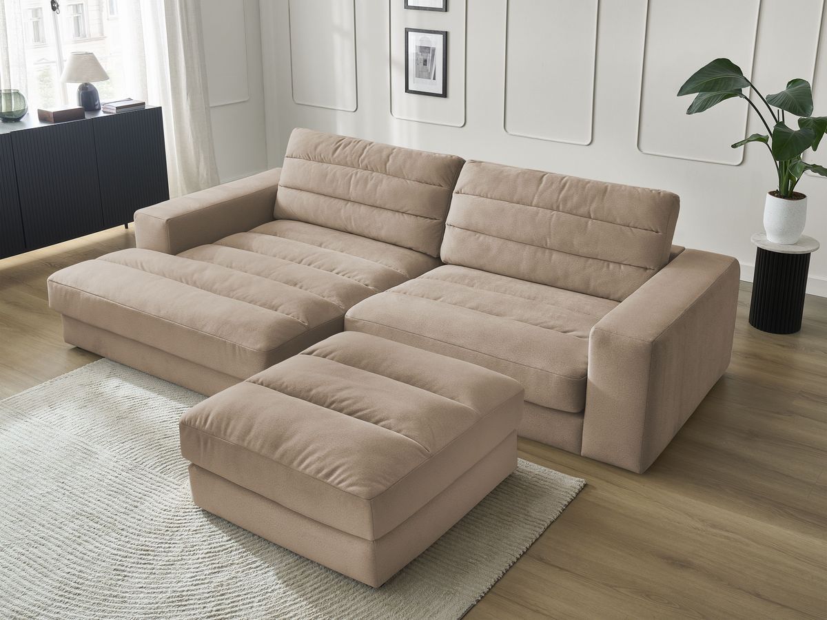 Canapé d'angle fixe SIERRA velours avec pouf