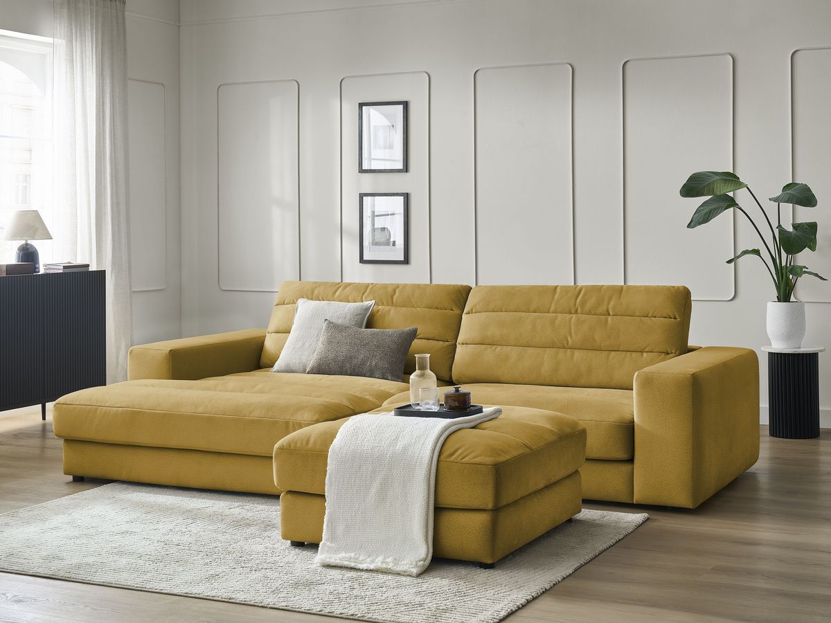 Canapé d'angle fixe SIERRA velours avec pouf