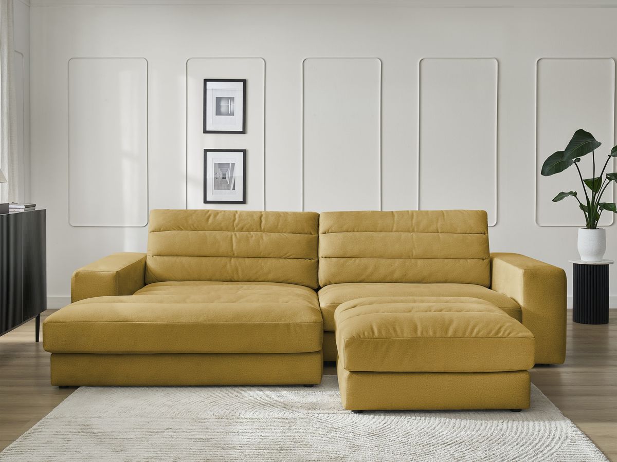 Canapé d'angle fixe SIERRA velours avec pouf jaune angle gauche BOBOCHIC 4 places - Vue supplémentaire 3