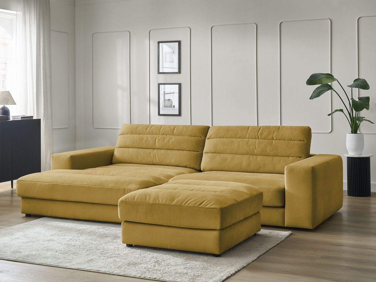 Canapé d'angle fixe SIERRA velours avec pouf