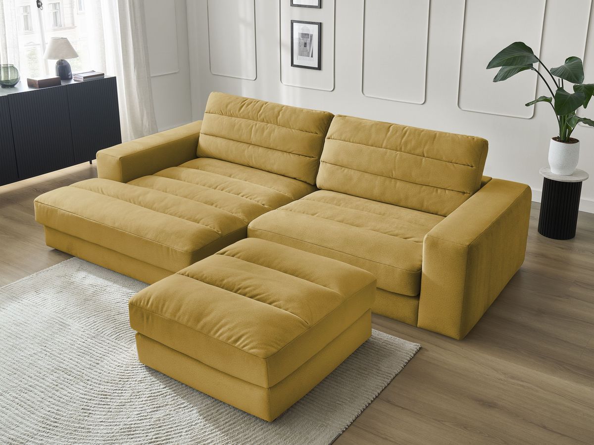 Canapé d'angle fixe SIERRA velours avec pouf