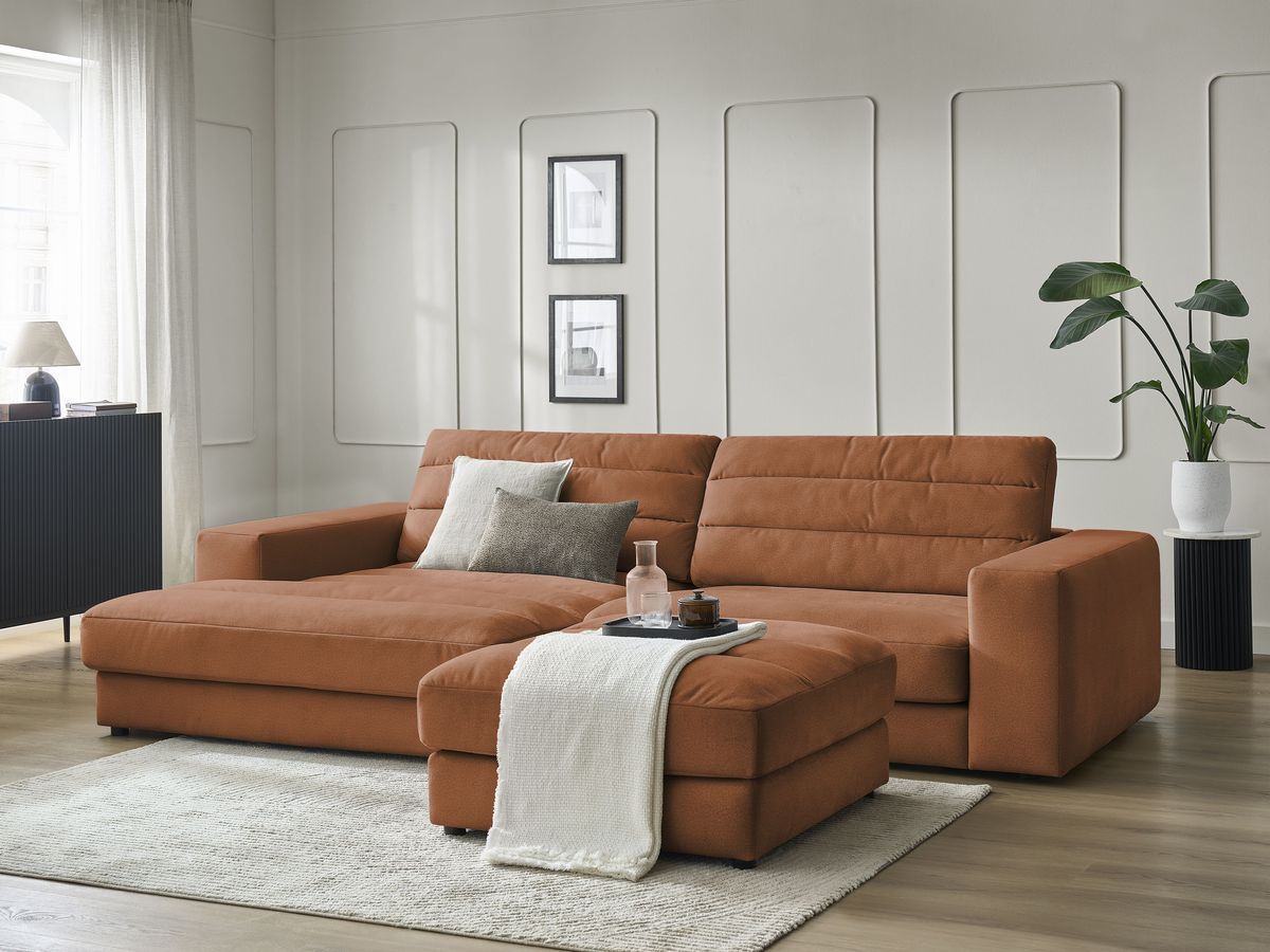 Canapé d'angle fixe SIERRA velours avec pouf