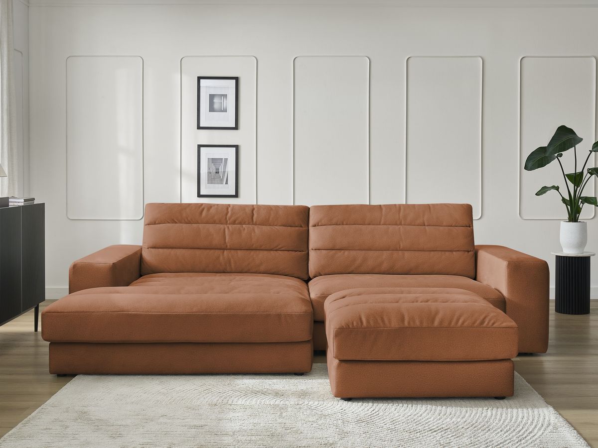 Canapé d'angle fixe SIERRA velours avec pouf orange angle gauche BOBOCHIC 4 places - Vue supplémentaire 3