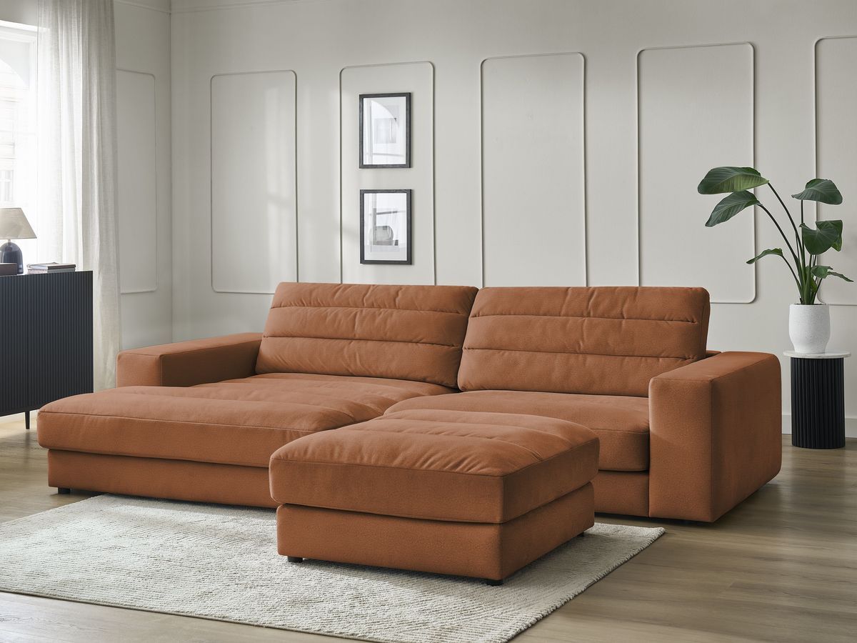 Canapé d'angle fixe SIERRA velours avec pouf