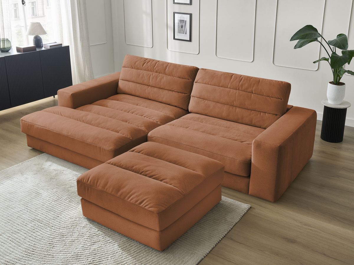Canapé d'angle fixe SIERRA velours avec pouf