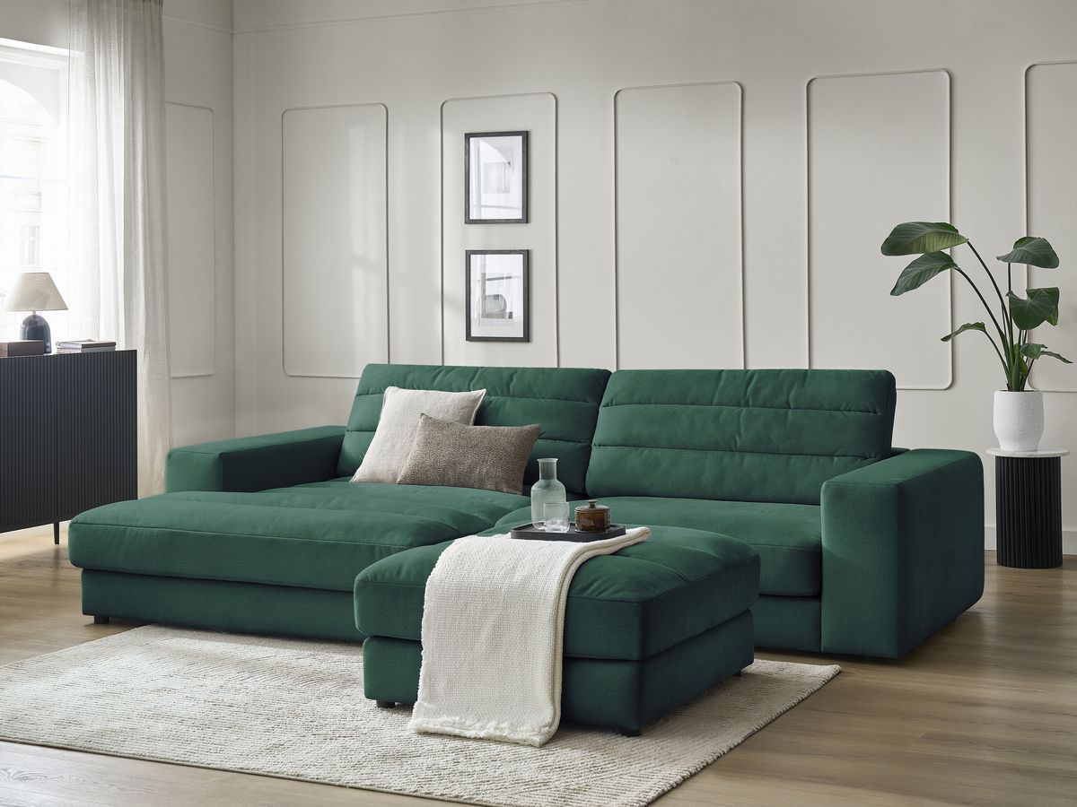 Canapé d'angle fixe SIERRA velours avec pouf