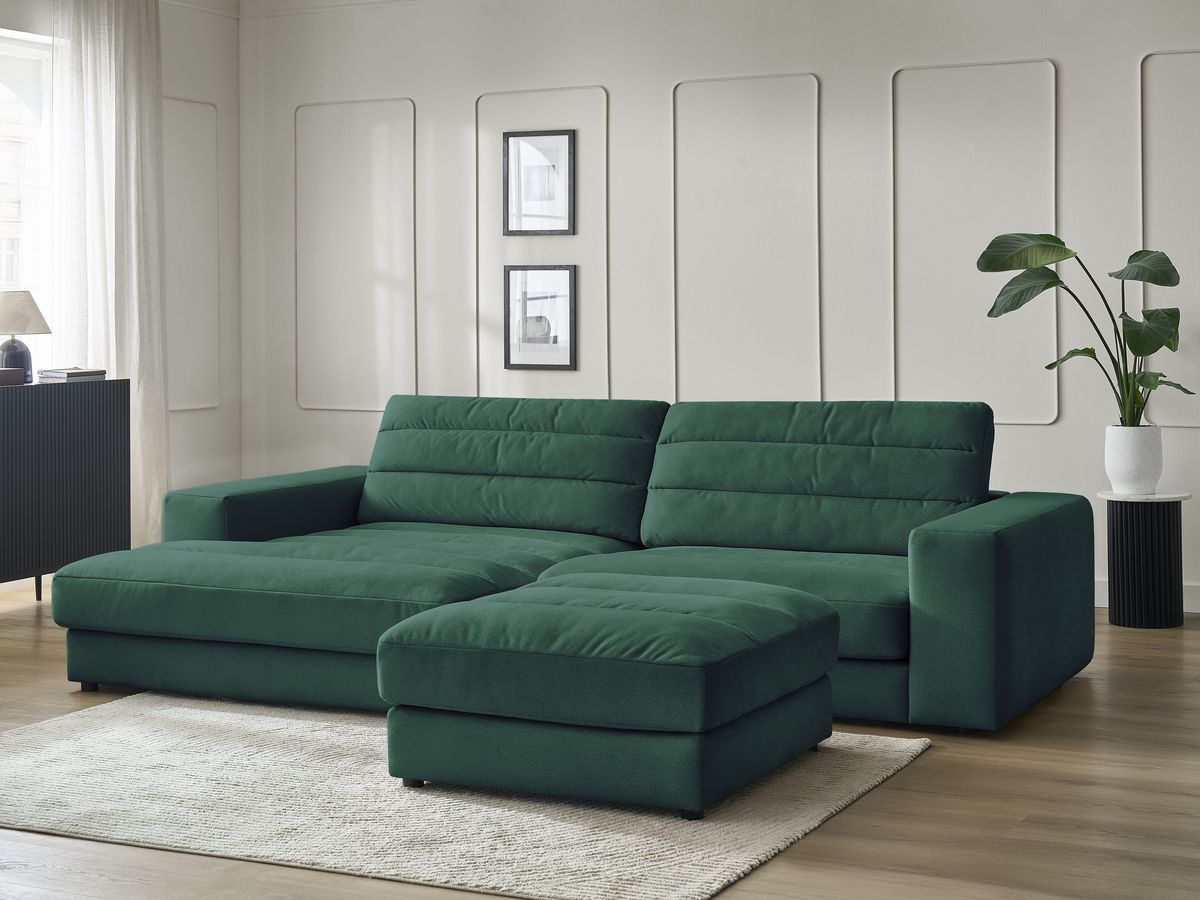 Canapé d'angle fixe SIERRA velours avec pouf