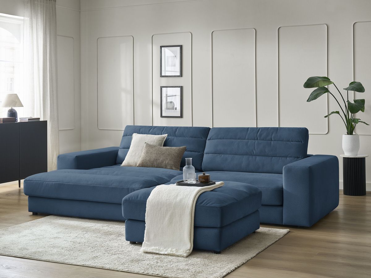 Canapé d'angle fixe SIERRA velours avec pouf