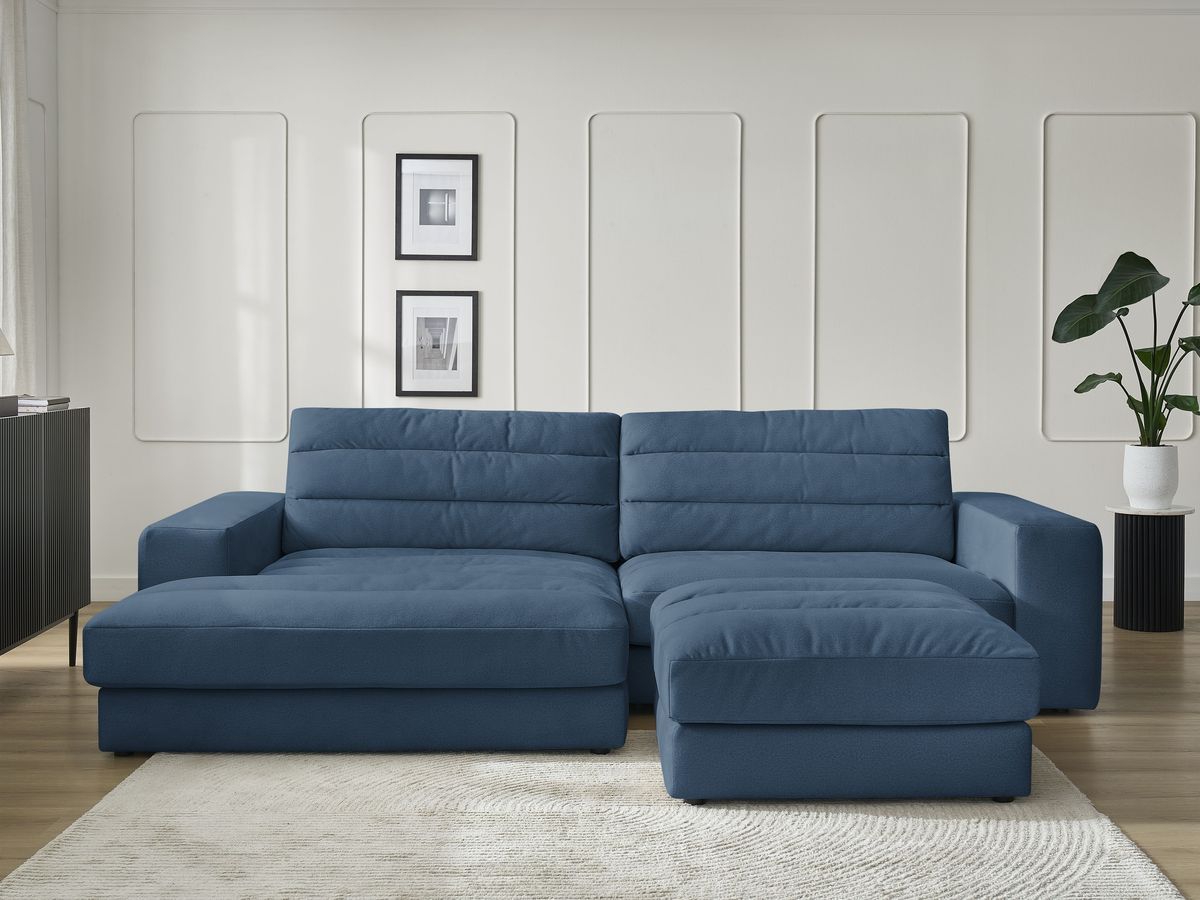 Canapé d'angle fixe SIERRA velours avec pouf bleu foncé angle gauche BOBOCHIC 4 places - Vue supplémentaire 3